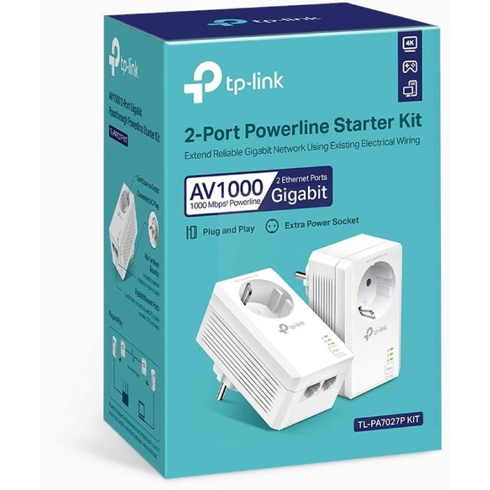 TP-Link TL-PA7027P KIT Adaptador Powerline AV1000, 2 Puertos Gigabit, 1000 Mbps, Alcance 300m, HomePlug AV2, Pack de 2 Unidades